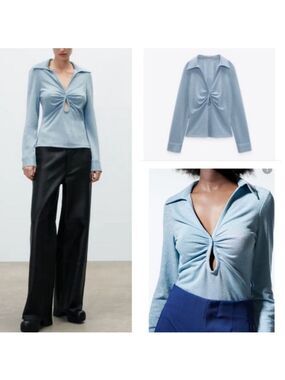 Zara light blue shimmer metallic glitter long sleeve keyhole collared blouse top